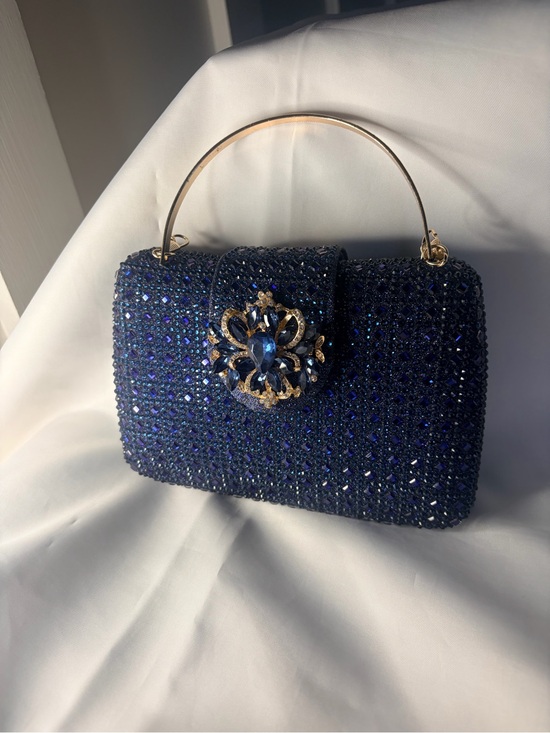 Handbags - Elegant Navy Crystal Evening Bag with Gold Accents